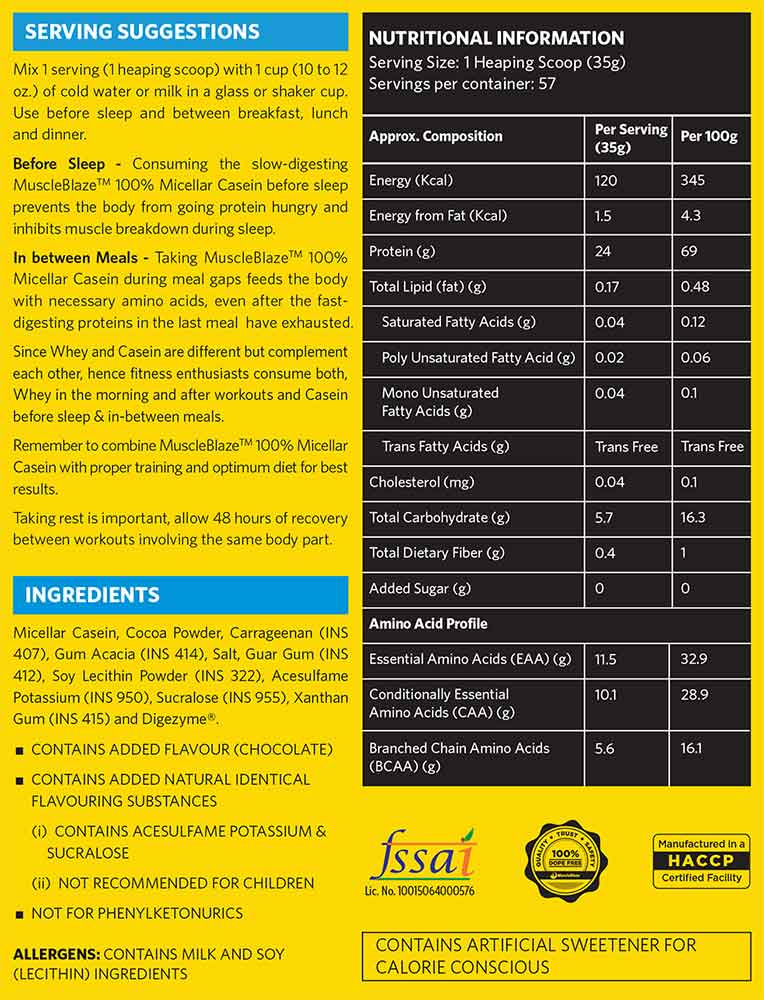 MuscleBlaze 100% Micellar Casein Indgredients