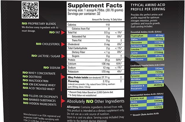 Pure Whey Protein Isolate Instanized Contents