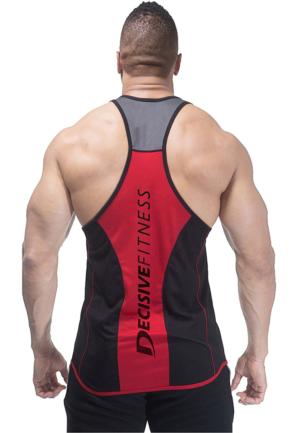 Decisive Fitness Designer Gym Stringer Vest, Gym Vest, Racer Back (Black-Red)