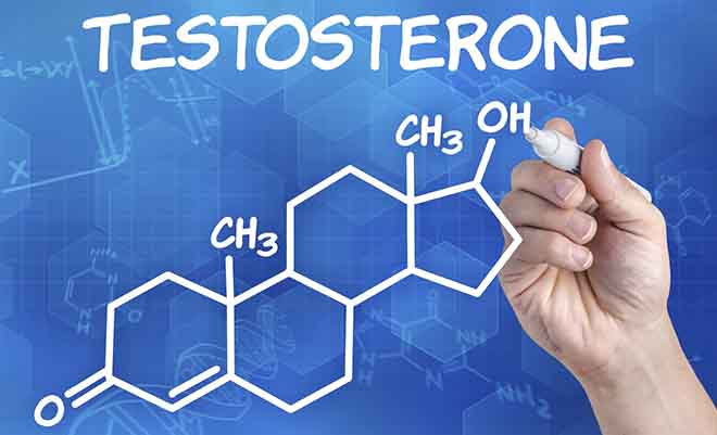 hand with pen drawing the chemical formula of testosterone